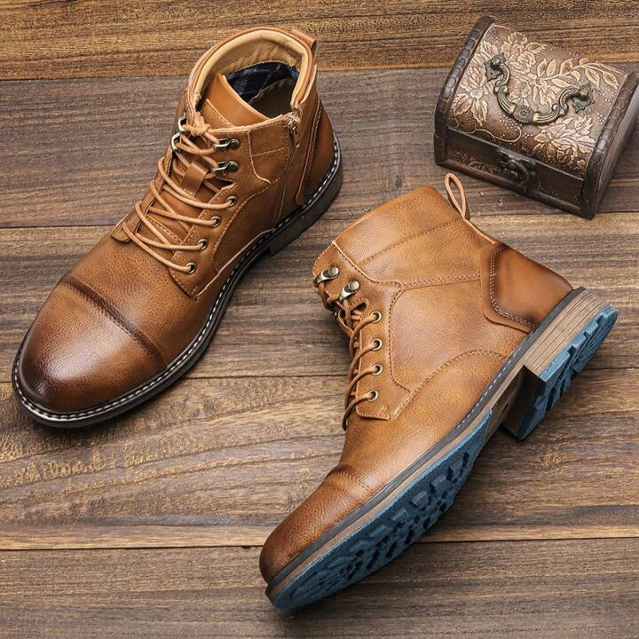 Side view of men's stylish Bordeaux ankle combat boots, sleek profile & practical side zipper.