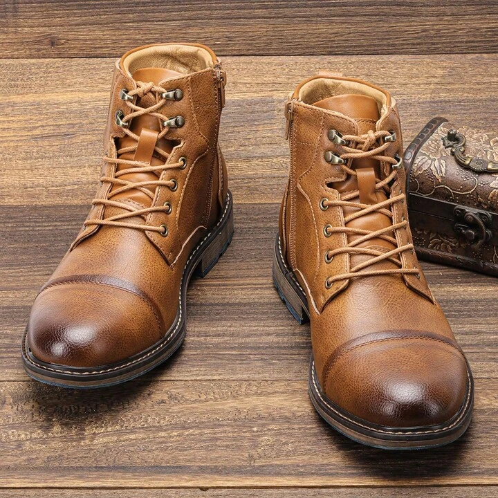 Front view: Classic men's Bordeaux lace-up combat boots, great for casual & dressy outfits.