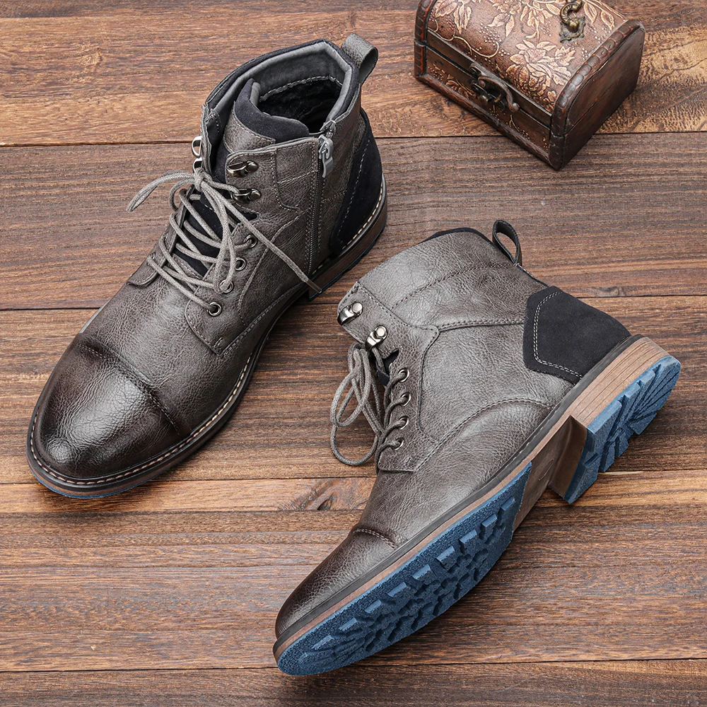 Men's Bordeaux combat boots paired with jeans, ideal for casual fall fashion.