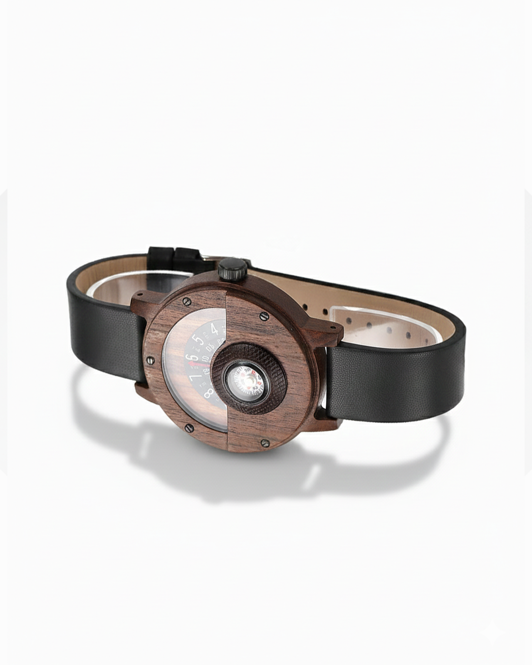 Men's Boreal wood & leather compass watch with accurate quartz movement, perfect for adventure.