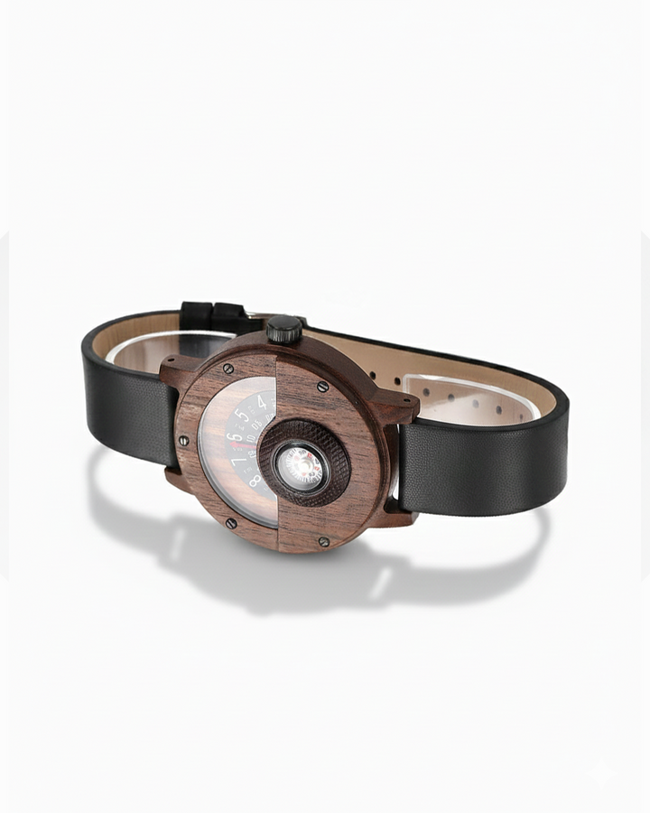 Men's Boreal wood & leather compass watch with accurate quartz movement, perfect for adventure.