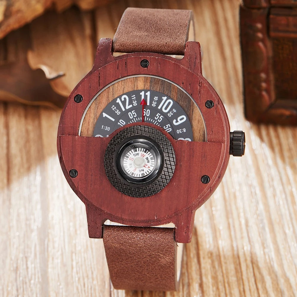 Classic men's wood watch, quartz movement, durable leather band, and functional compass feature.