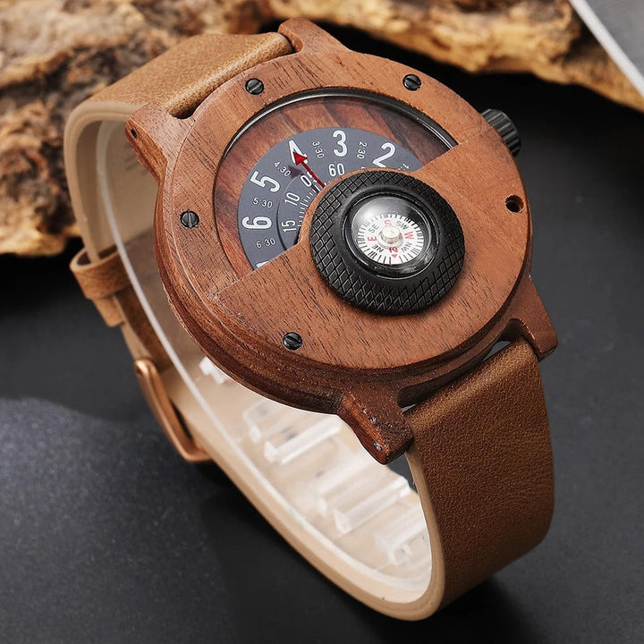 Elegant men's rustic wood timepiece with a rich leather strap and an integrated compass.
