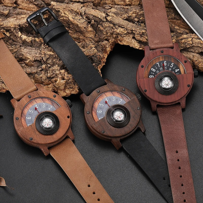 Quality men's wood watch featuring a durable leather strap, quartz movement, and compass for explorers.
