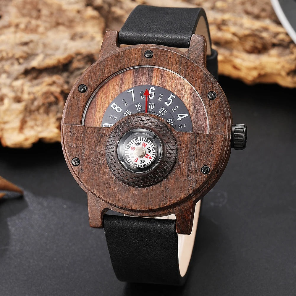 Rustic men's bamboo wood watch, genuine leather strap, and integrated compass. A unique timepiece.