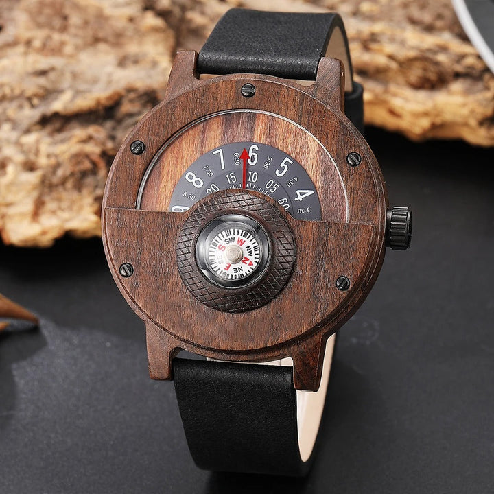 Rustic men's bamboo wood watch, genuine leather strap, and integrated compass. A unique timepiece.