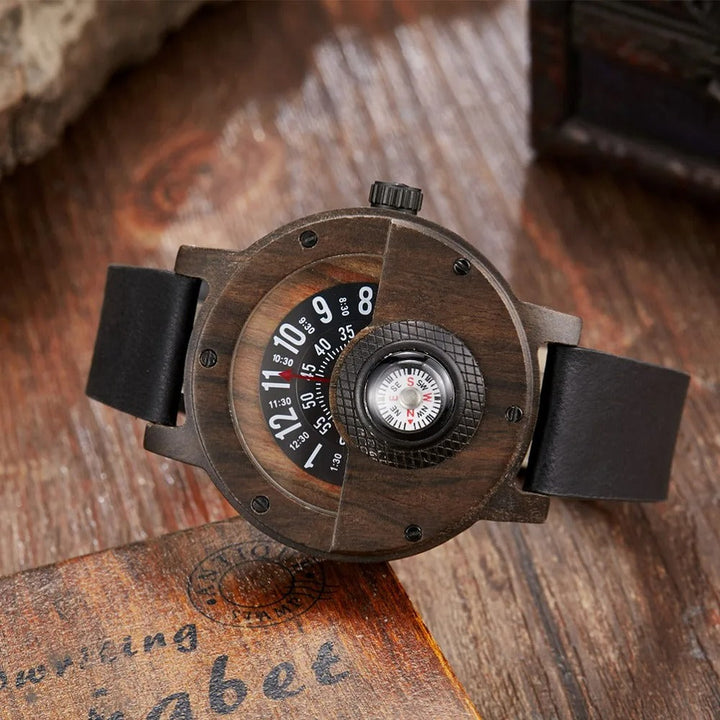 Adventure men's wood & leather compass watch, a unique gift for him, natural and stylish.