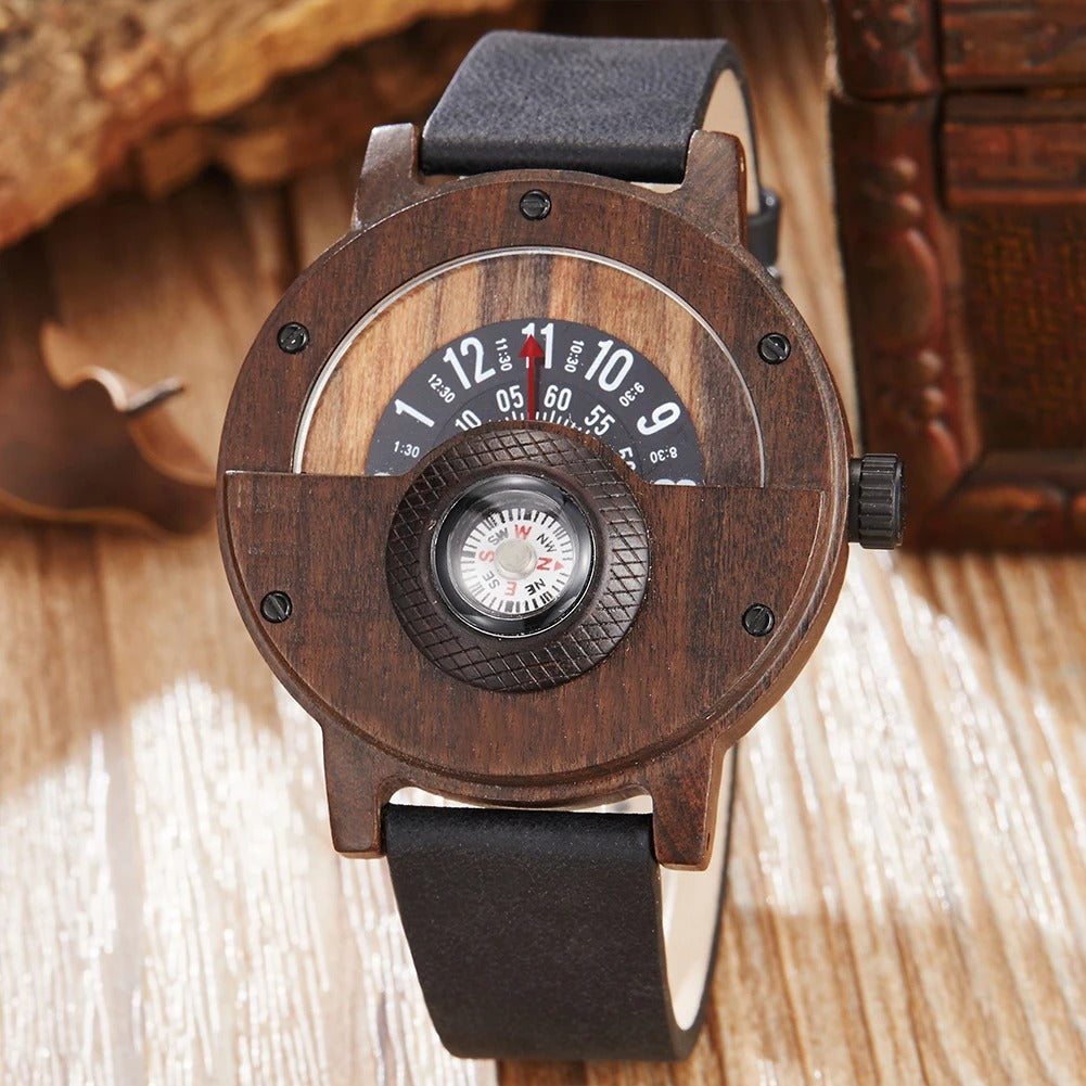Unique men's natural wood timepiece with a dark leather band and functional embedded compass.