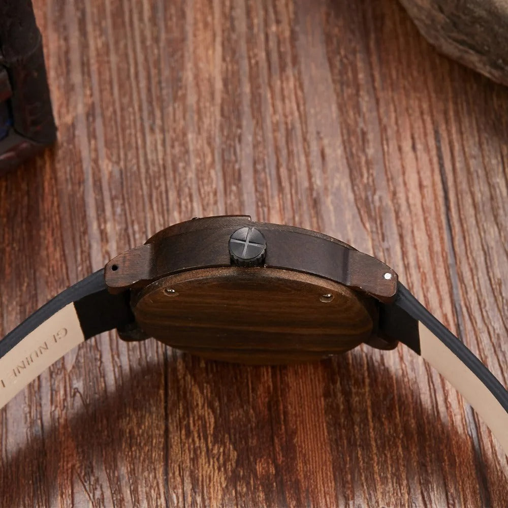 Men's bamboo wood watch featuring a real leather strap and a functional adventure compass.