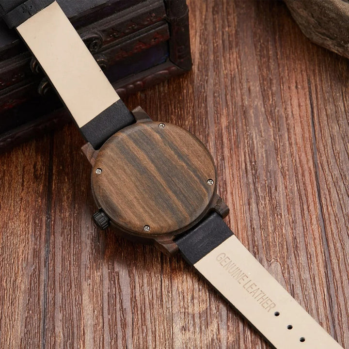Handcrafted men's wood & leather watch with precise quartz movement and a practical adventure compass.