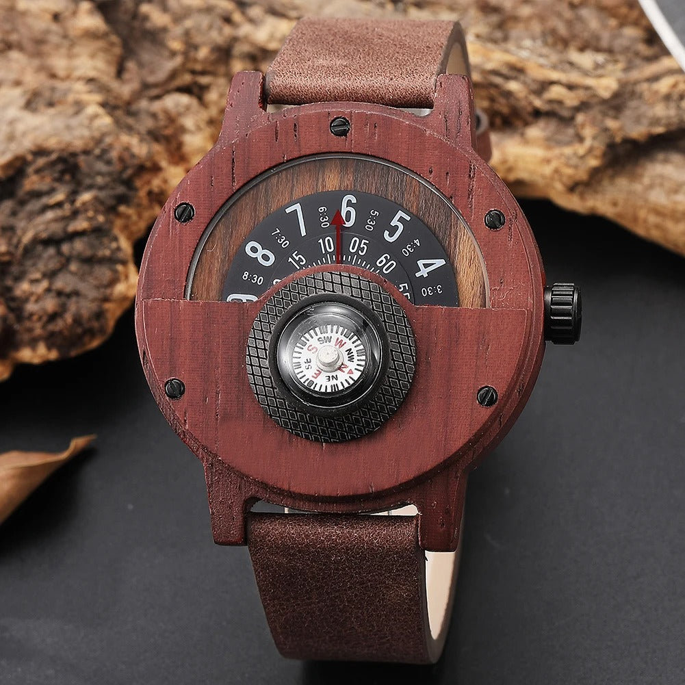 Stylish men's rustic wood watch with a genuine leather strap and practical built-in compass.