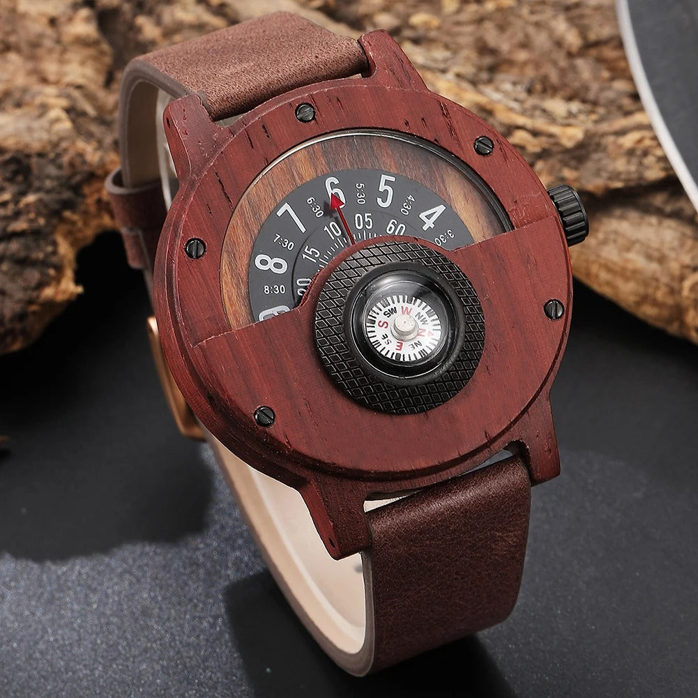 A unique gift for him: Men's natural wood & leather compass watch, adventure-inspired timepiece.