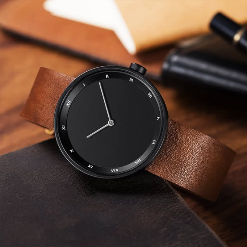 Men's Bradley luxury quartz watch with a crisp white dial & a refined black genuine leather strap. Elegant men's wristwatch.
