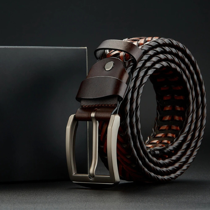 Full view of a men's durable braided cowhide leather belt, essential for quality men's fashion.