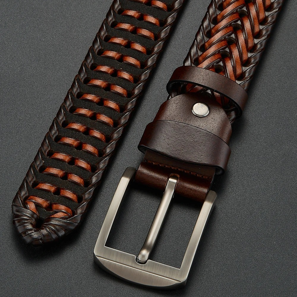 Genuine cowhide braided leather belt for men, a durable and comfortable waist accessory.