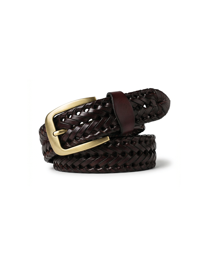 Men's braided full-grain leather belt with a polished brass buckle, ideal for dress or casual wear.