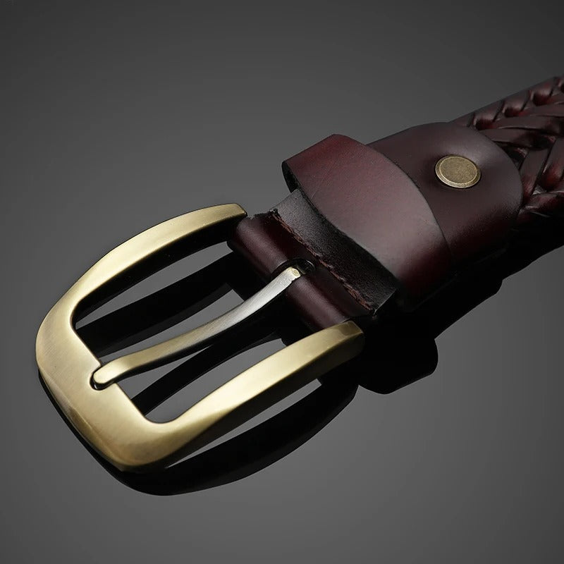 Stylish men's braided full-grain leather belt with brass buckle, perfect for any casual or dress outfit.