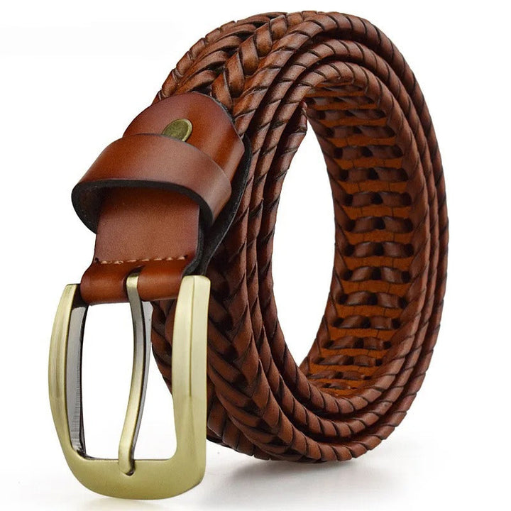 Durable men's full-grain leather braided belt, featuring a strong brass buckle & adjustable fit for daily wear.