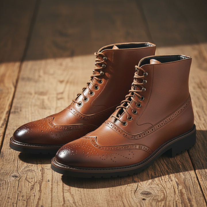 Brown Men's Braxton full-grain leather boots, rugged Goodyear welt, ideal for work and style.
