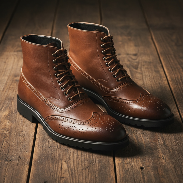 Black Men's Braxton full-grain leather dress boots, classic brogue style, comfortable men's footwear.