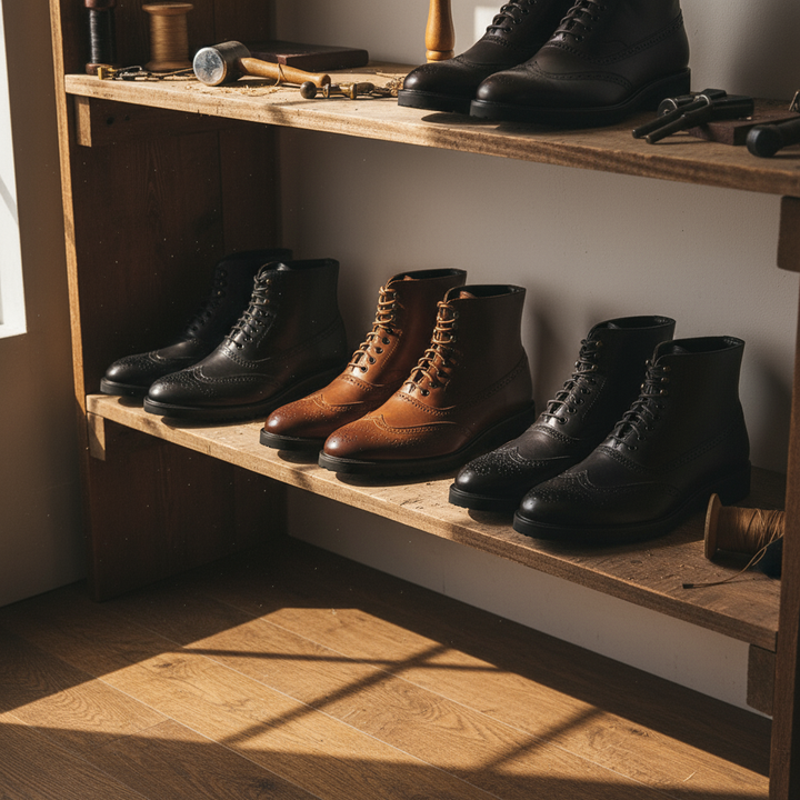 Men's Braxton leather boots, featuring brogue details and robust construction, timeless men's footwear.