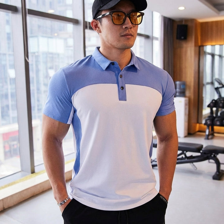 Men's breathable active polo shirt in blue, perfect for sports or casual wear. Quick dry polyester fabric.