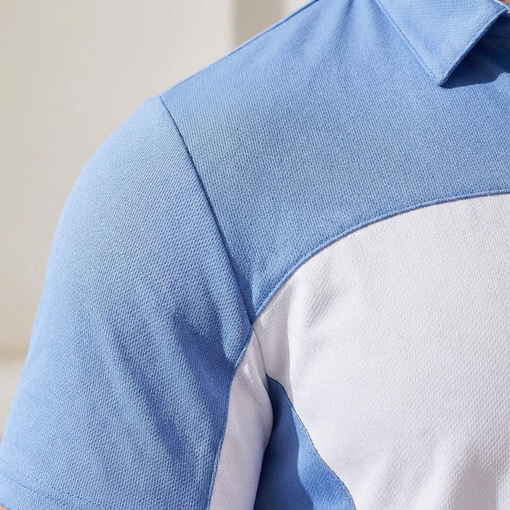 White activewear polo shirt for men, quick-drying and breathable polyester, ideal for golf or casual summer days.