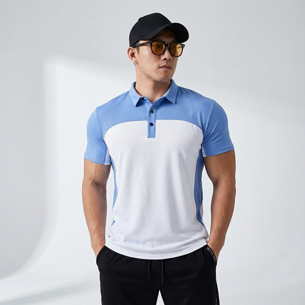 Men's red breathable polo shirt, activewear for sports, golf or casual summer apparel. Quick dry fabric.