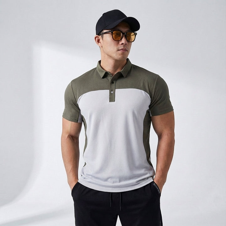 Close-up of men's breathable sports polo shirt fabric, showing texture. Quick dry, ideal for summer activewear.
