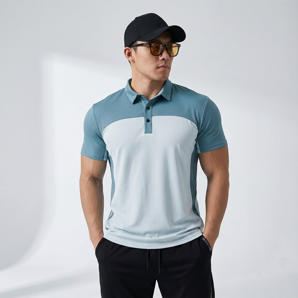 Men's black active polo shirt, breathable and quick-drying polyester perfect for sportswear, golf or casual.