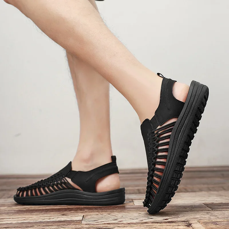 Men's adventure braided sandals on a path, providing breathable comfort for outdoor activities.