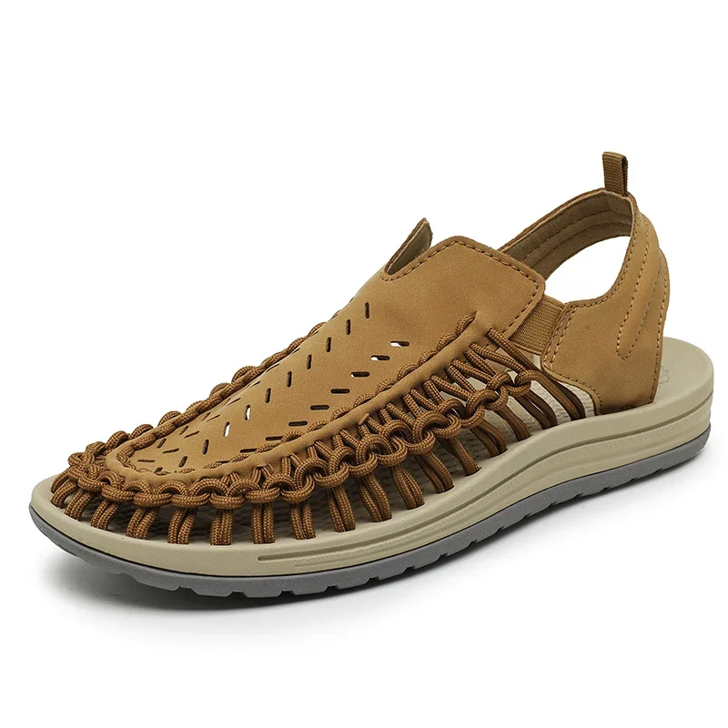 Dark brown men's breathable braided sandals, offering comfort and style for summer adventures.