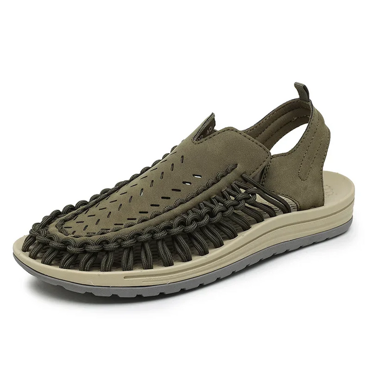 Tan men's breathable braided sandals, perfect for warm weather, all-day comfort & outdoor exploration.