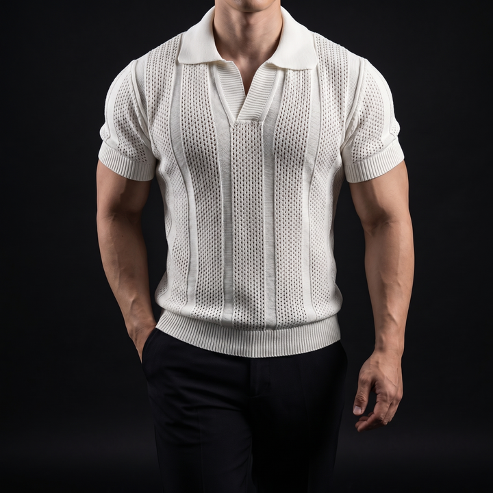 Dark blue men's breathable short sleeve polo shirt. Comfortable modern fit for smart casual summer wear.