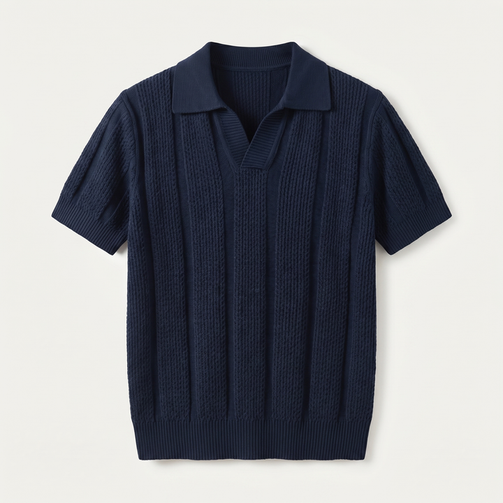 Versatile dark blue men's breathable polo. Perfect short sleeve for cool, comfortable smart casual summer style.