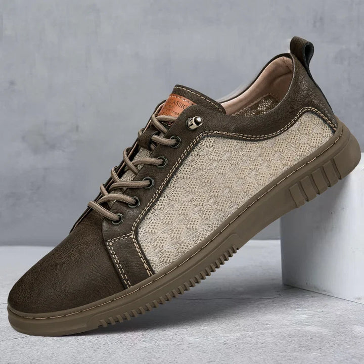 Stylish beige men's lace-up casual shoes, breathable for ultimate all-day comfort.