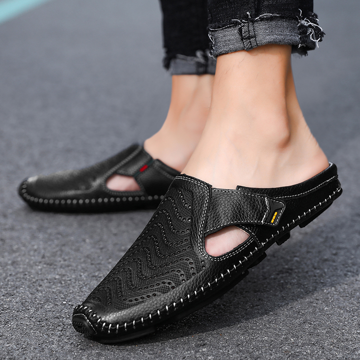 Close-up of breathable material on men's comfort sandals, showing quality for secure & daily wear.