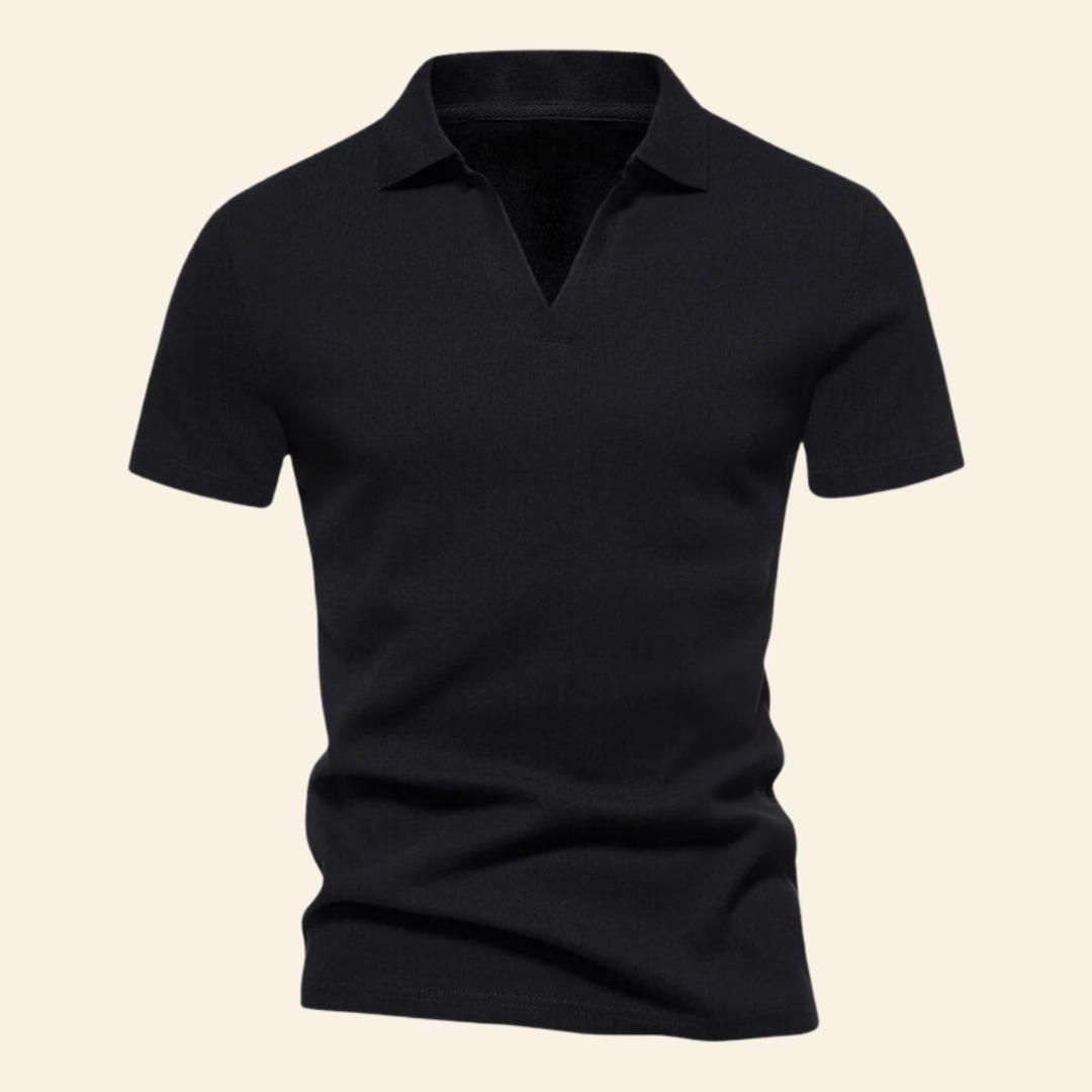 Stylish men's slim fit cotton V-neck polo, comfortable for everyday casual fashion.