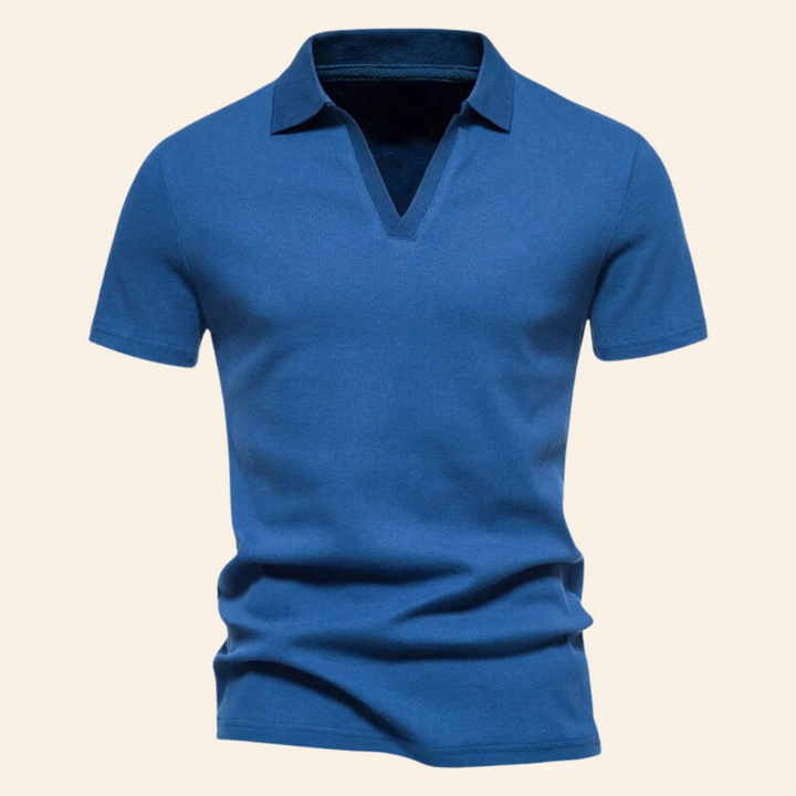 Breathable cotton V-neck polo for men, ideal summer top offering comfort and style.