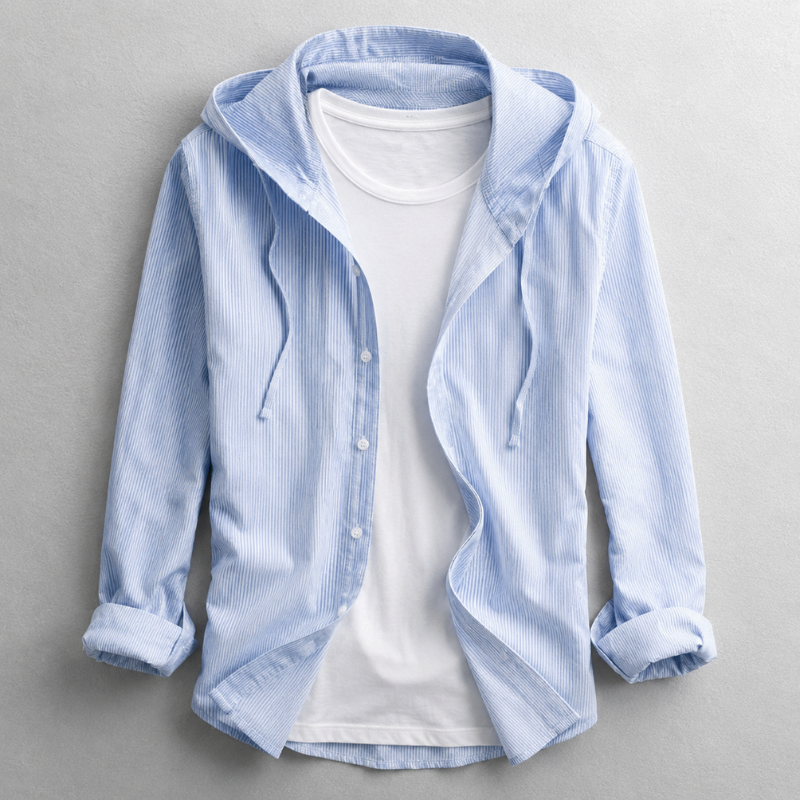 Men's breathable hooded button-front shirt in a tailored fit, ideal for casual summer style.