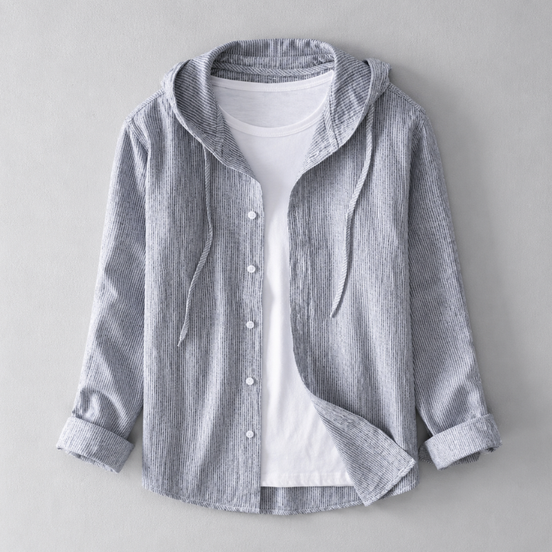 Gray men's breathable hooded shirt with button front, perfect for a tailored summer look.