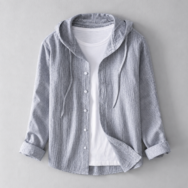 Gray men's breathable hooded shirt with button front, perfect for a tailored summer look.