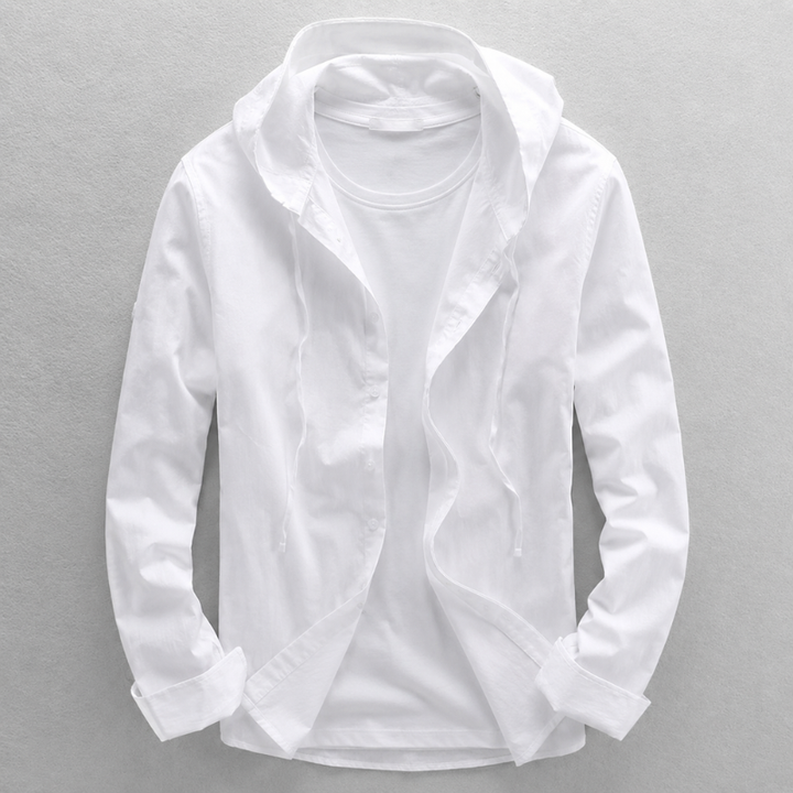 White men's hooded button-front shirt, a versatile layering piece for casual fashion and comfort.