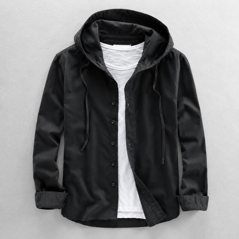 Black men's breathable button-front hooded shirt, a lightweight and stylish top for men.