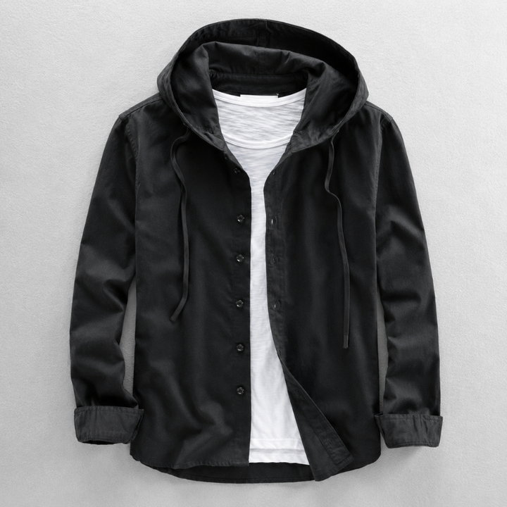 Black men's breathable button-front hooded shirt, a lightweight and stylish top for men.