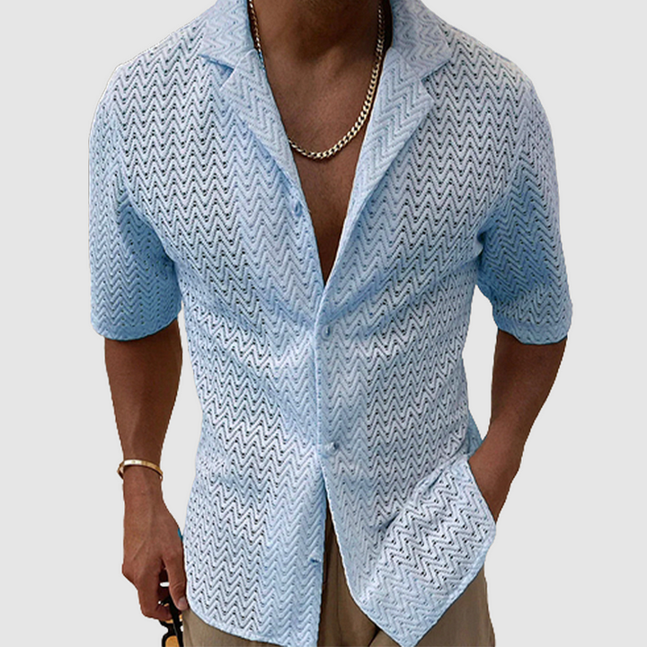 Men's breathable leisure shirt with short sleeves, relaxed fit, and stylish button-front for summer comfort.