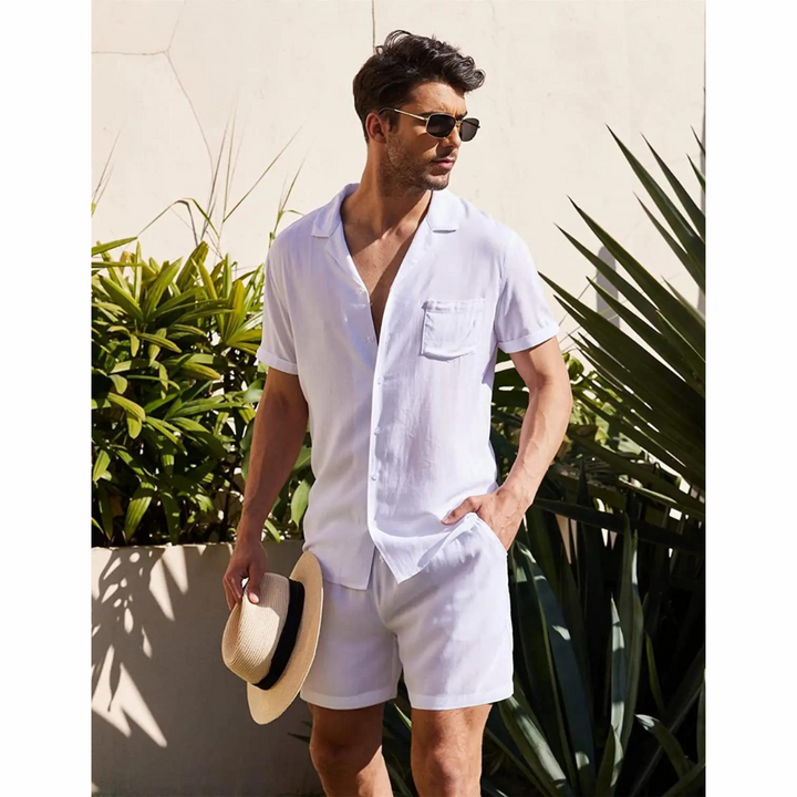Men's breathable linen summer shirt and pants set for a relaxed, casual beach or vacation outfit.