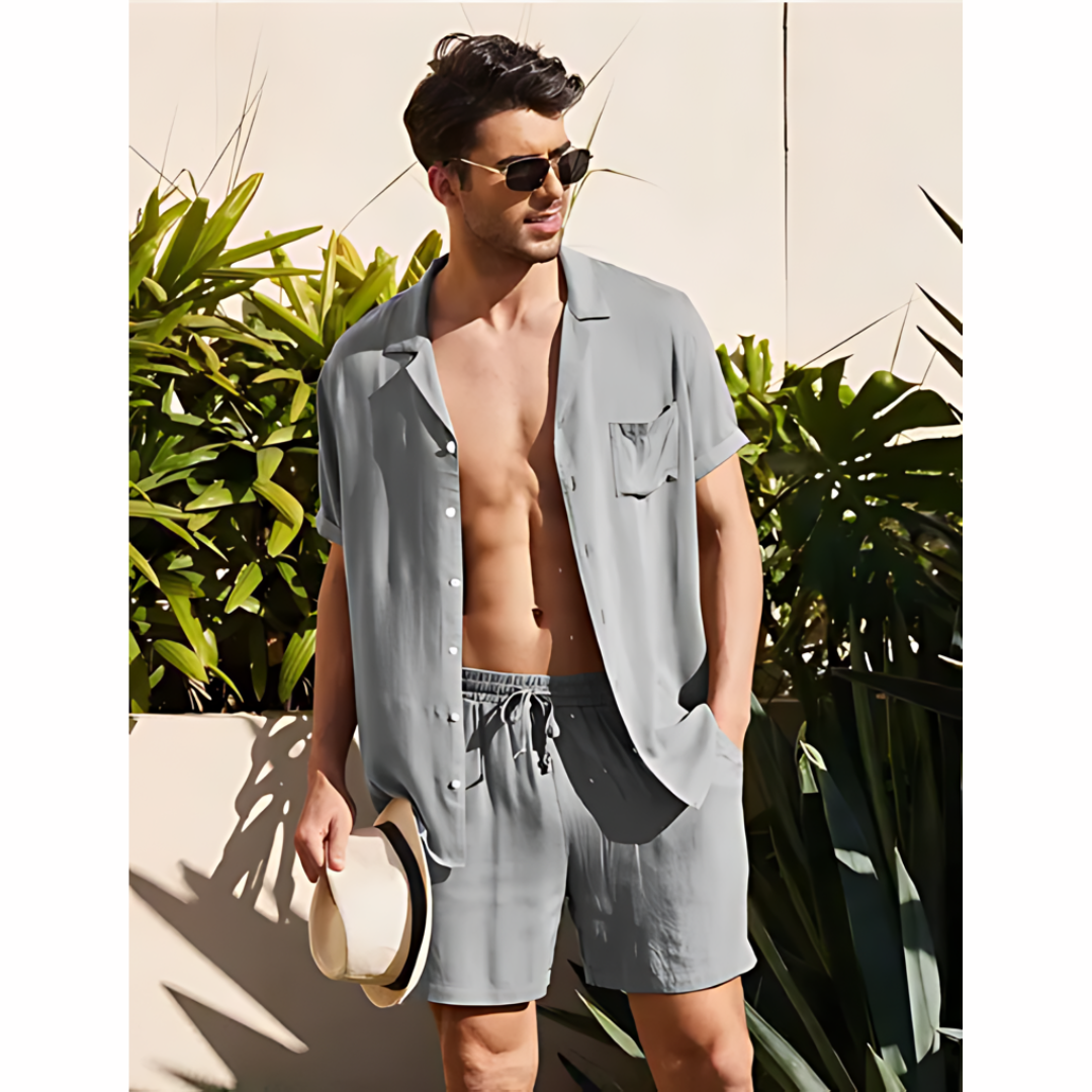 Breathable men's linen summer shirt and pants set, a comfortable casual outfit for warm weather.