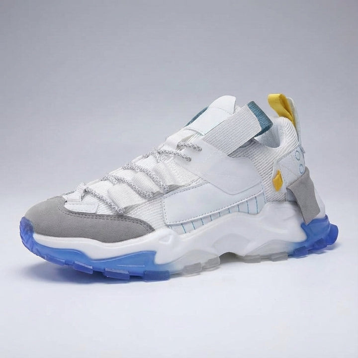 Close-up of mesh fabric on men's athletic sneakers, highlighting breathable footwear