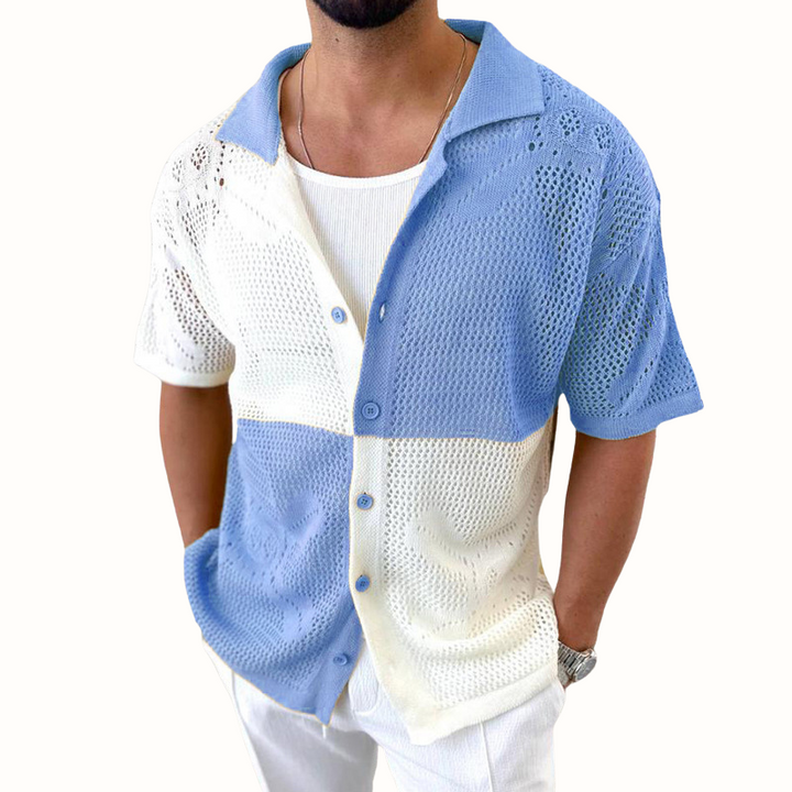 Stylish men's contrast patch mesh shirt, designed for maximum breathability and comfort in warm weather.